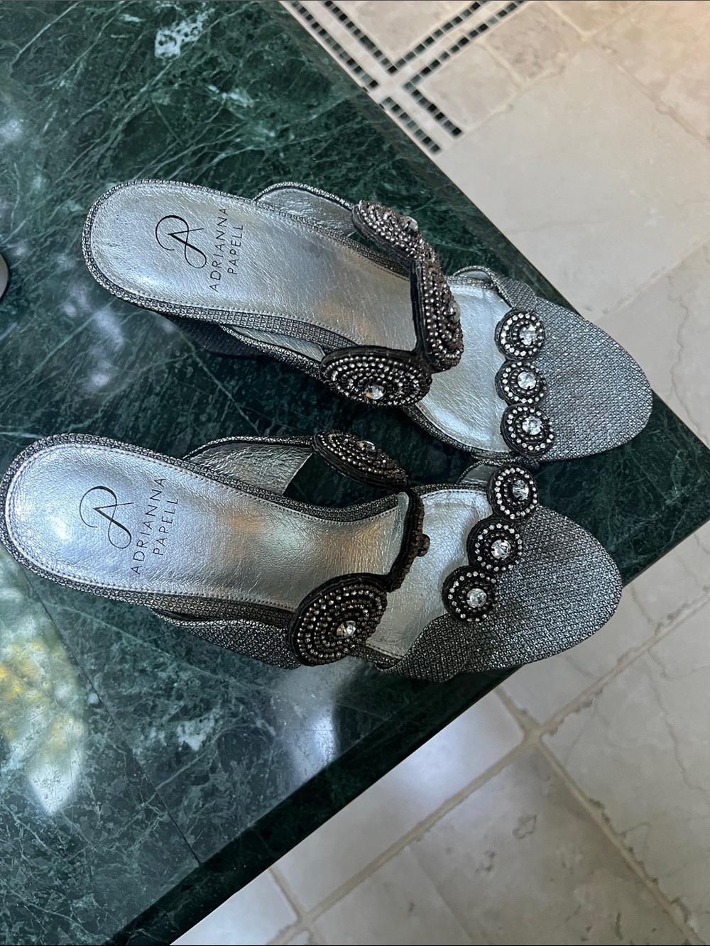 Adrianna Papell Pewter Metallic Scallop Wedge Sandals